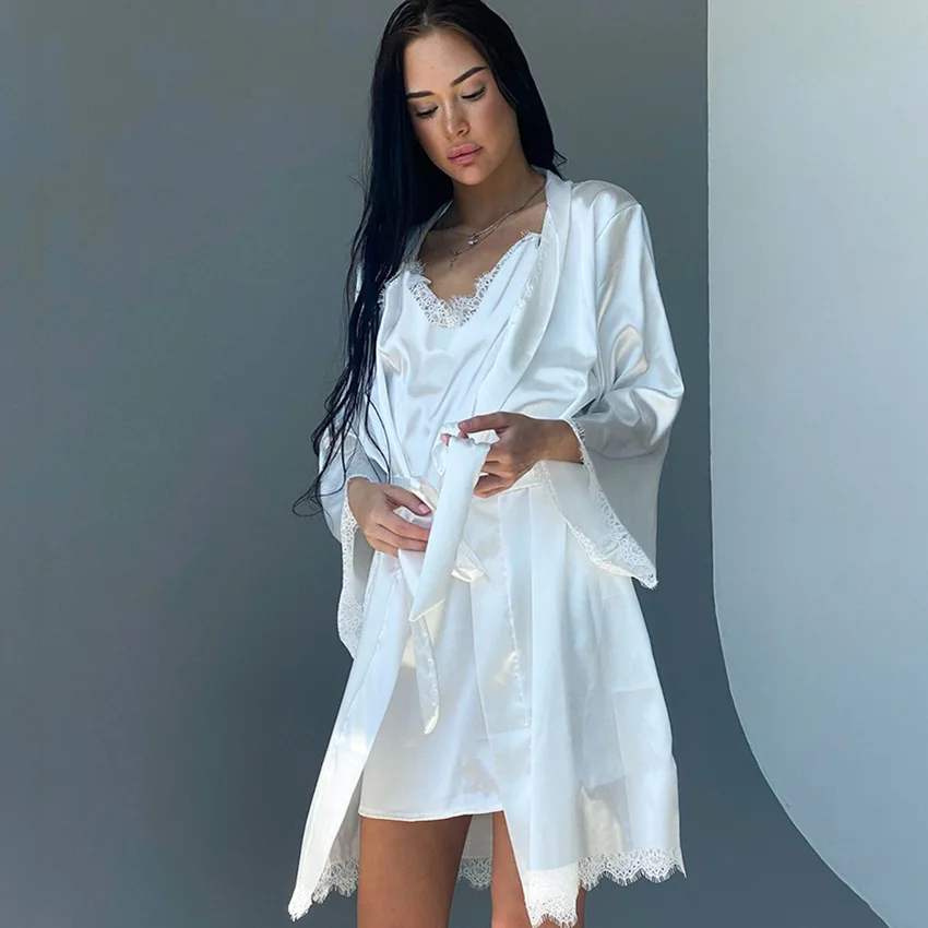 Satin Loose And Comfortable Cardigan, Nightgown, Two-Piece Set Of Home Clothes, Women's Casual Ice Silk Pajamas