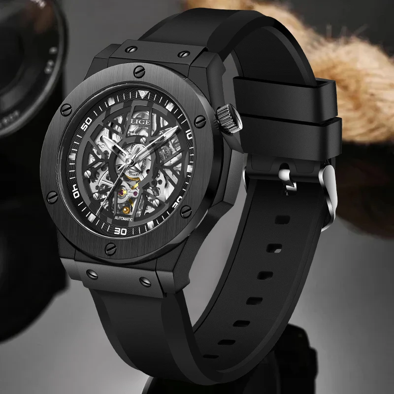 LIGE Mechanical Watches Men Top Luxury Brand Silicone Waterproof Men Watch Casual Automatic Wrist Watch For Men Reloj Hombre+BOX