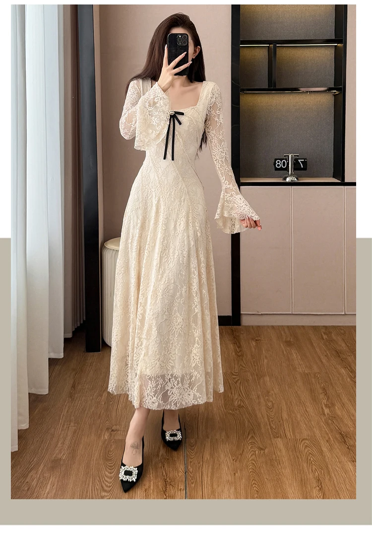 Vintage Temperament Spitze Aushöhlen Prom Kleid Für frauen Frühling Elegante Bogen Quadrat Kragen Flare Hülse Schlank A-Line Midi kleid