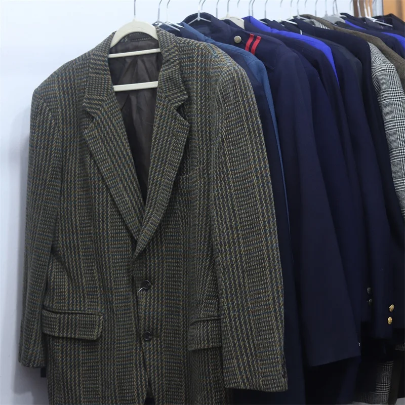 

Vintage British Style Men's Woolen Suit Jacket Japanese Workwear Coat Long Sleeve Commute Appropriate Plaid Pattern