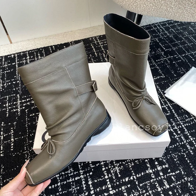 Square Toe Genuine Leather Bow Knot Short Boots Women Buckle Strap Design Mid Calf Boot Autumn Winter British Style Riding Boots