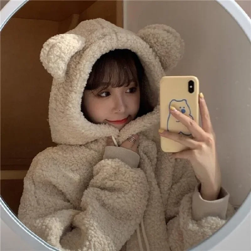 QWEEK Kawaii Hoodies Women 2021 Korean Fashion Casual Cute Bear Sweatshirt Loose Top Female Oversized soft Girls