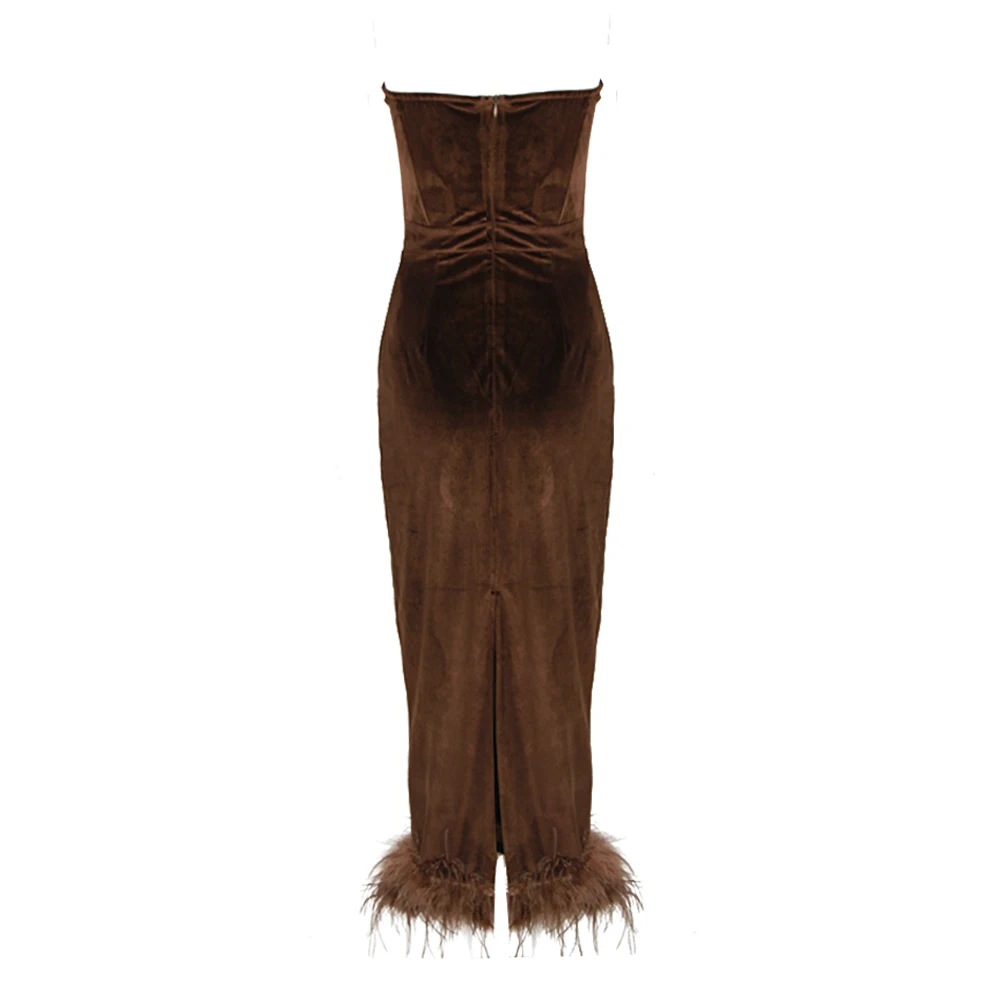 Brown Feather Strapless Bodycon Prom Velvet Club Dress Sexy Sleeveless Midi Celebrity Evening Cocktail Runway Party Prom Dress