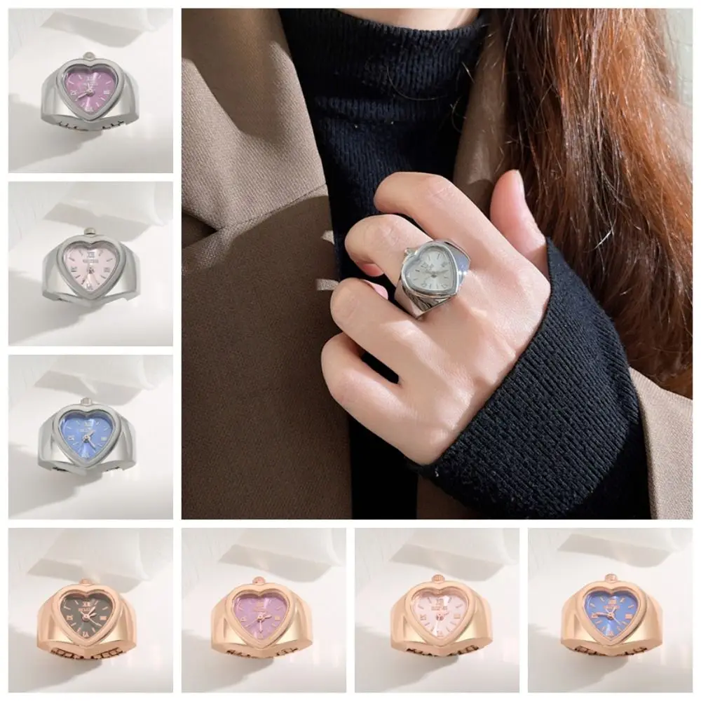 Creative Alloy Ring Watch Stainless steel Elastic Strap Heart Shape Rings Watch Heart Shape Quartz Movement Mini Clock Women