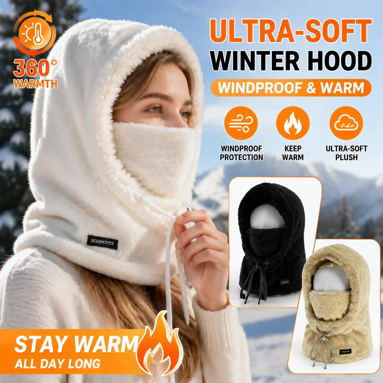 Ultra-Soft Women's Winter Balaclava for Skiing & Cycling Windproof Hood with Integrated Fashionable Ear Warmer Scarf