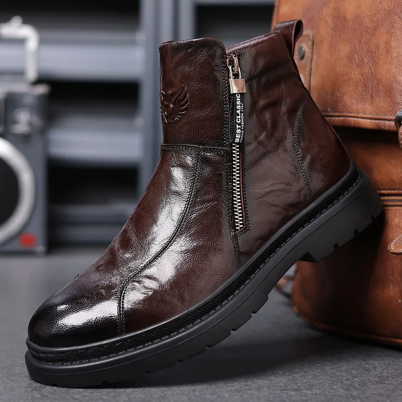 Genuine Leather Chelsea Boots Men's Sheepskin Breathable Versatile Men's Shoes Medium Single Boot Round Head Knight Boots