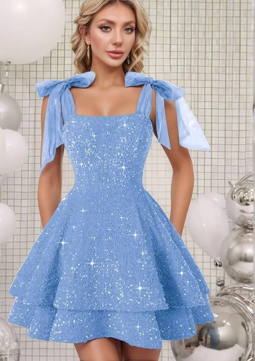 

Женские платья для встречи выпускников с пайетками и бантом, короткое платье для выпускного вечера, 2025, блестящее мини-вечернее платье, торжественное коктейльное выпускное платье