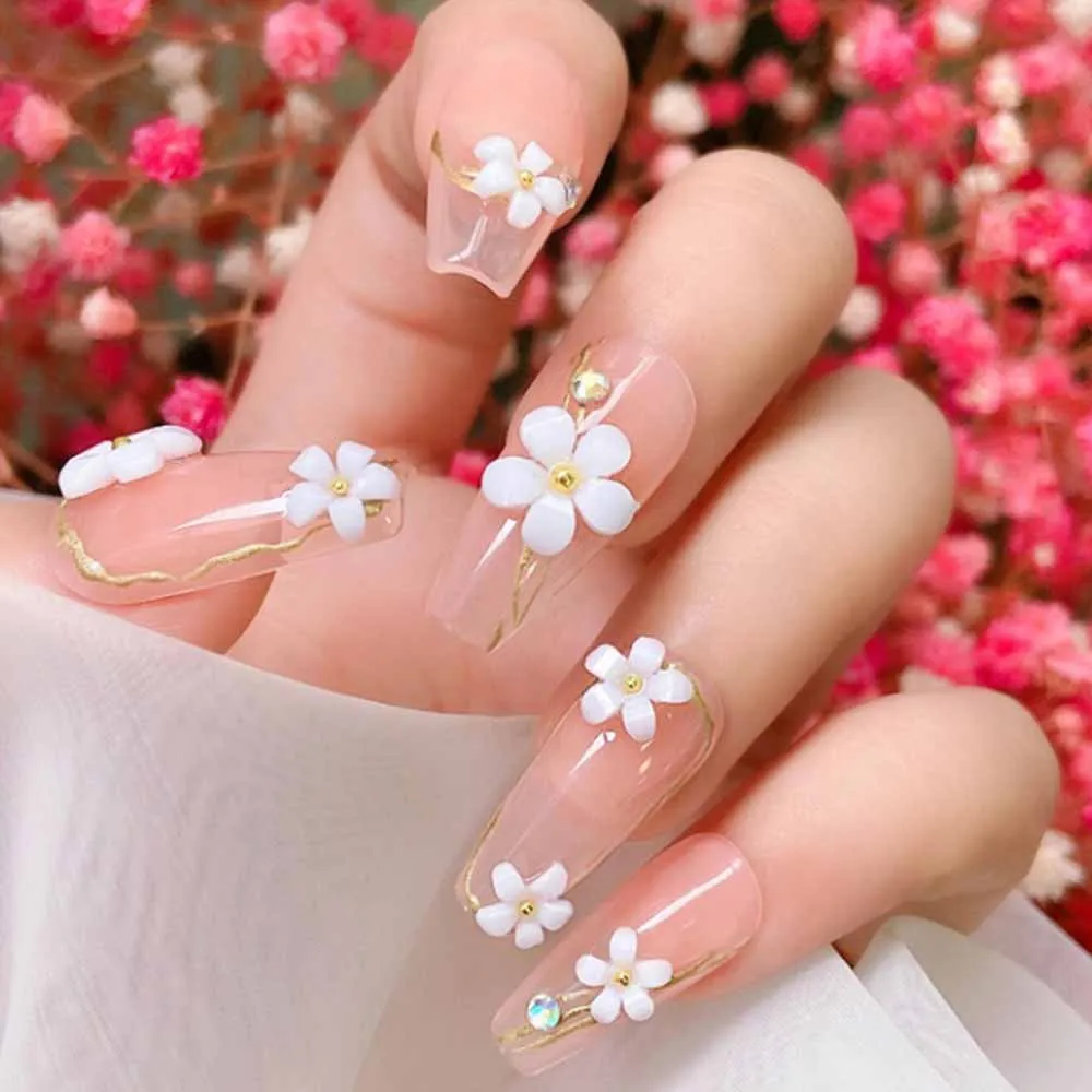 12Grid White Acrylic Petal Flower Nail Charms Mixed Floral Pearl Caviar Beads Nail Art Rhinestones DIY Manicure Decoration