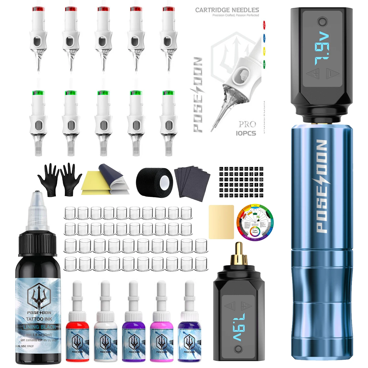

Dual Power POSEIDON Tattoo Kit Blue Alloy Tattoo Pen Kit For Permanent Makeup Tattoo Machine Kit Wireless Tattoo Power Supply Tattoo Gun Kit