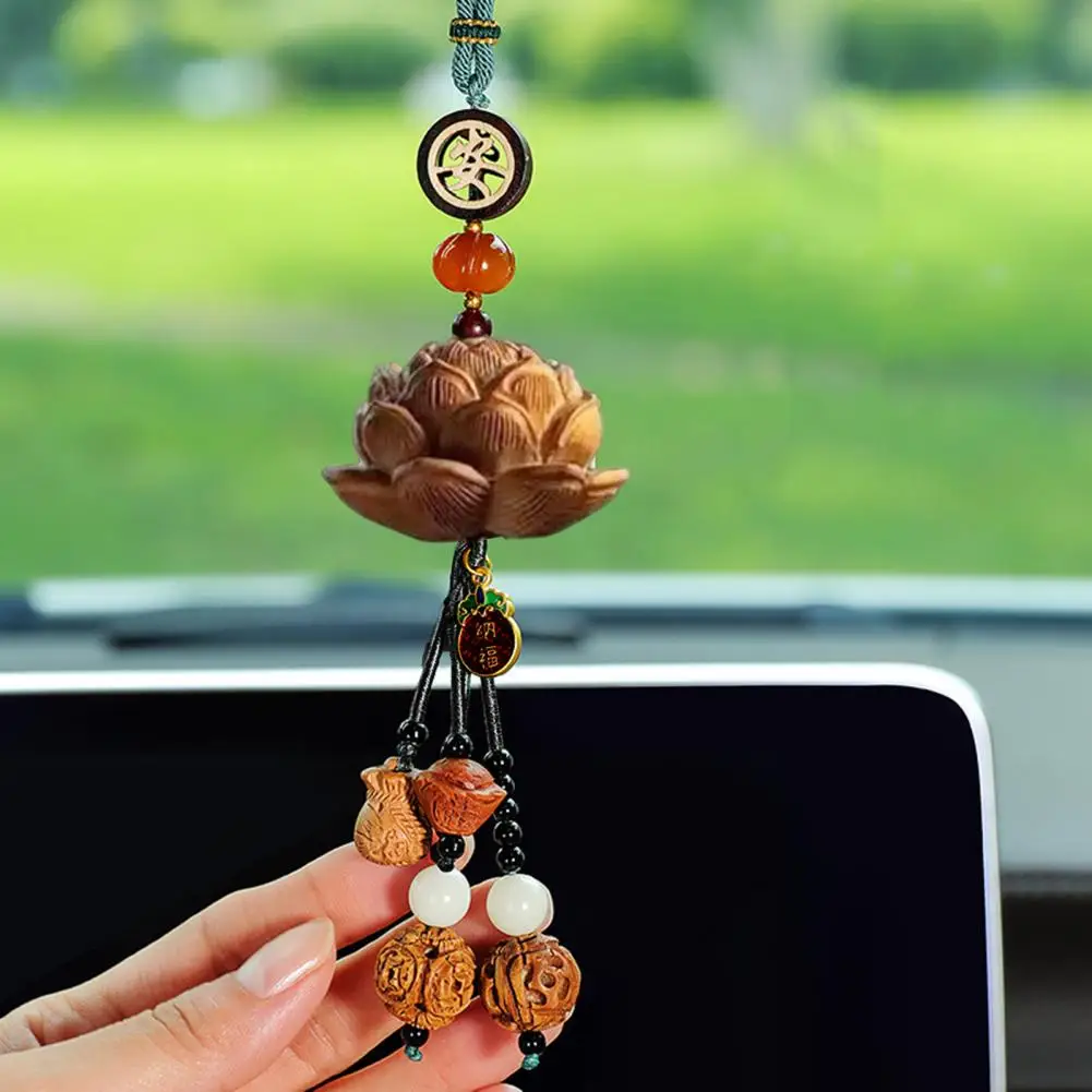 

Car Pendant Decorative Car Charm Retro Engraved Lotus Wooden Car Ornament with Lanyard Rearview Mirror Decoration for Vehicle