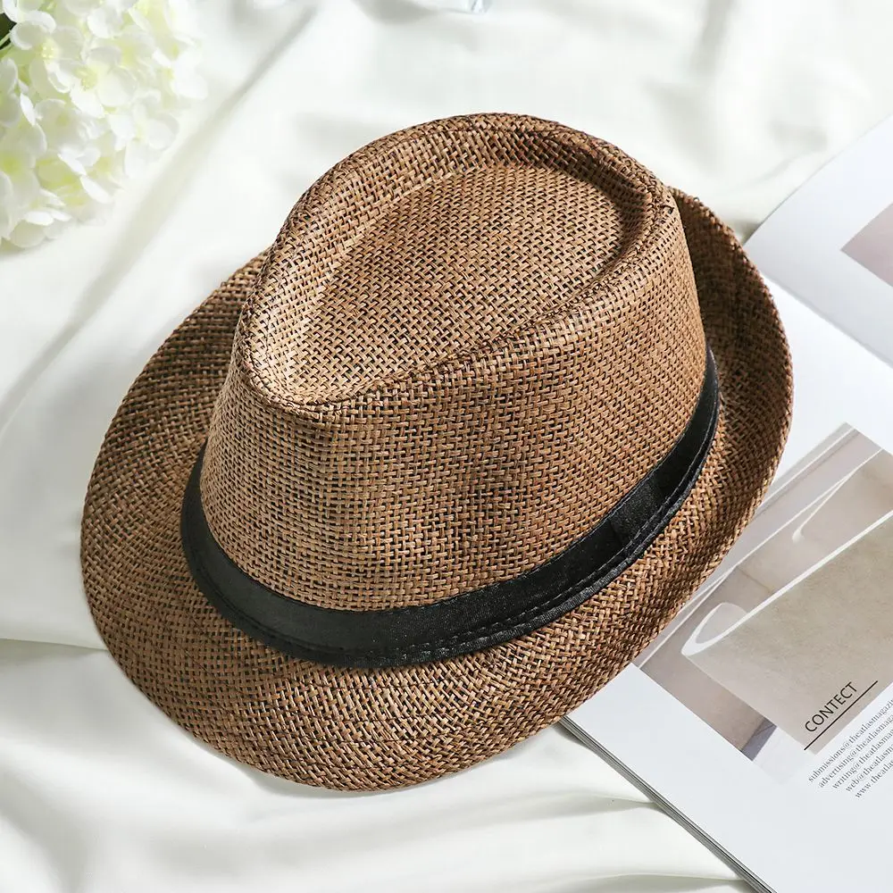 Unisex Beach Wide Brim Straw Panama Cap Cowboy Fedora Hat Jazz Dress Hat Sun Hat