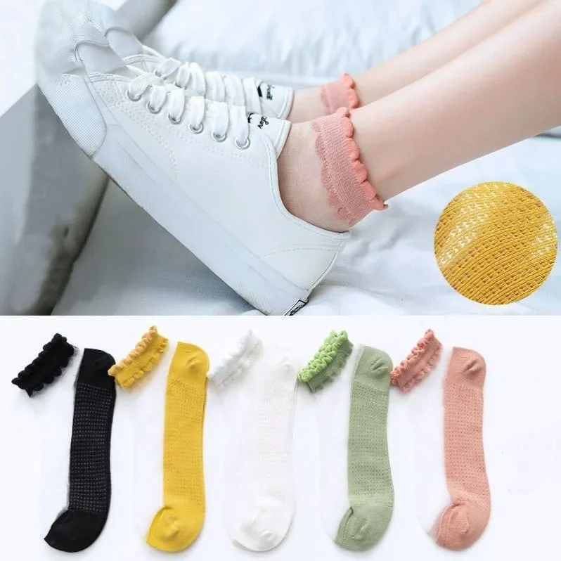 

5 пар летних женских шелковых носков, ультратонкие кружевные носки до щиколотки для девочек, модные короткие носки из прозрачного стекловолокна