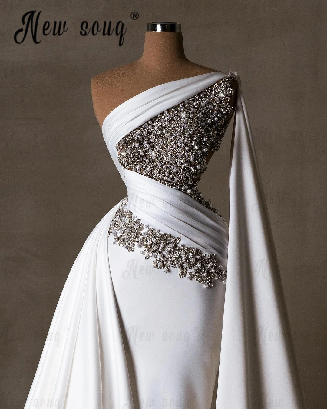 Weiß arabisch lang umhang ärmel hochzeits kleid hand gefertigte silberne kristalle braut kleider 2024 elegante robe de mariée Wirkric 드스 레custom