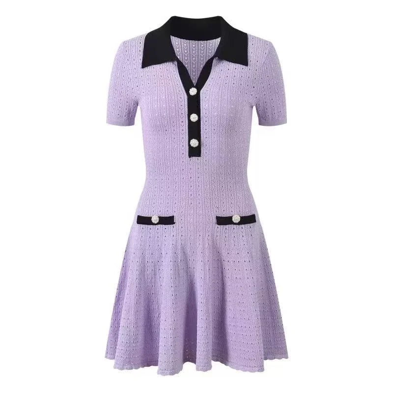 

Summer Fashion Contrast Color Purple Knit Dress Women Turn-Down Collar High Waist Hollow Out Slim Fit Temperament Robe 2025