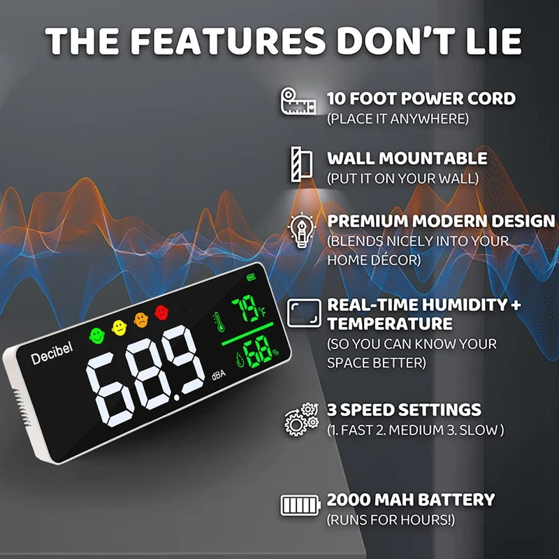 Nowy czytnik poziom dźwięku miernik decybeli 3 w 1 + wilgotność i temperatura. Miernik hałasu w klasie, miernik SPL & DB do montażu na ścianie
