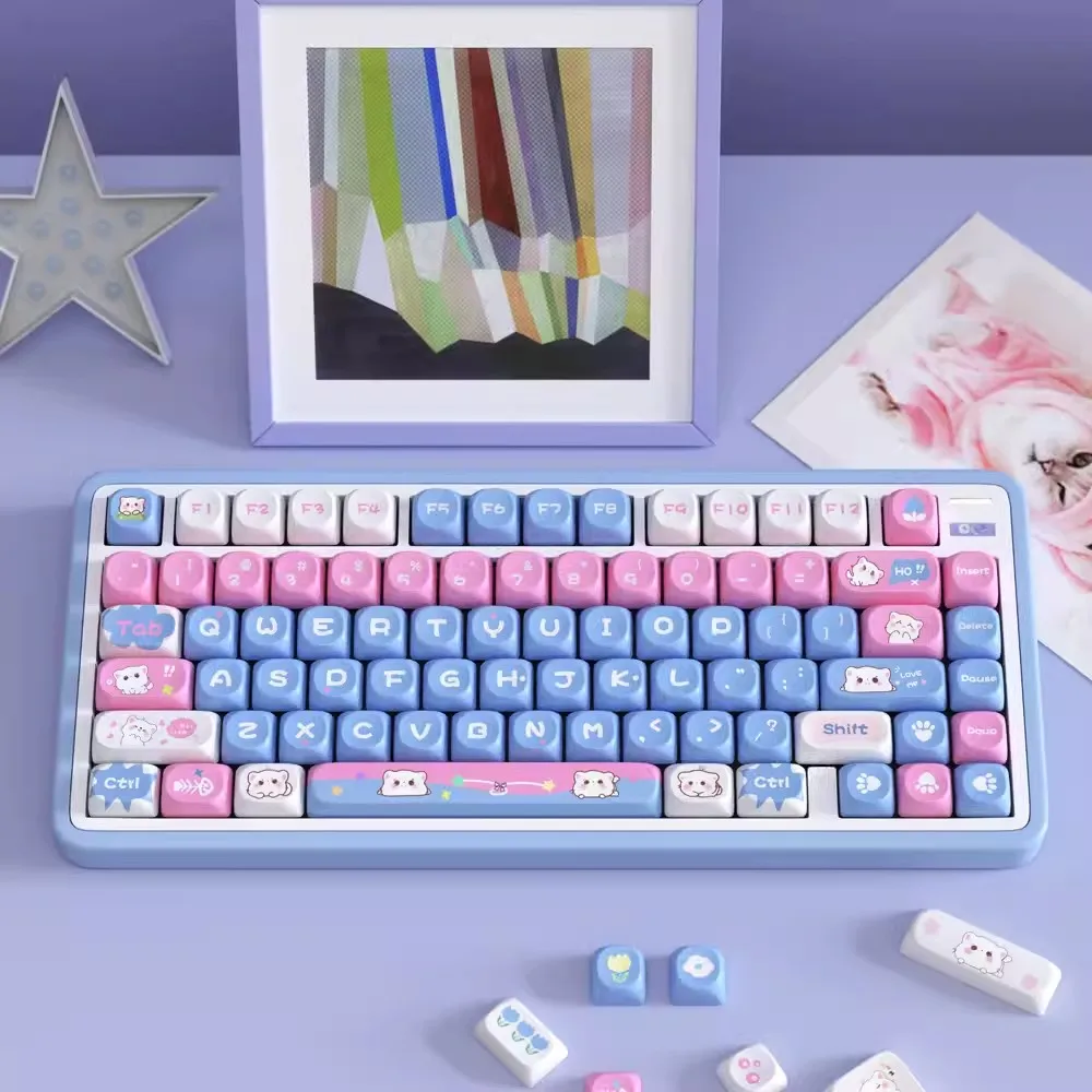 1 Set Blue Pink Cat Keycaps PBT Dye Sublimation Key Caps SOA Profile Rounded Cute Keycap For MX Switch Keyboard 68 75 96 980