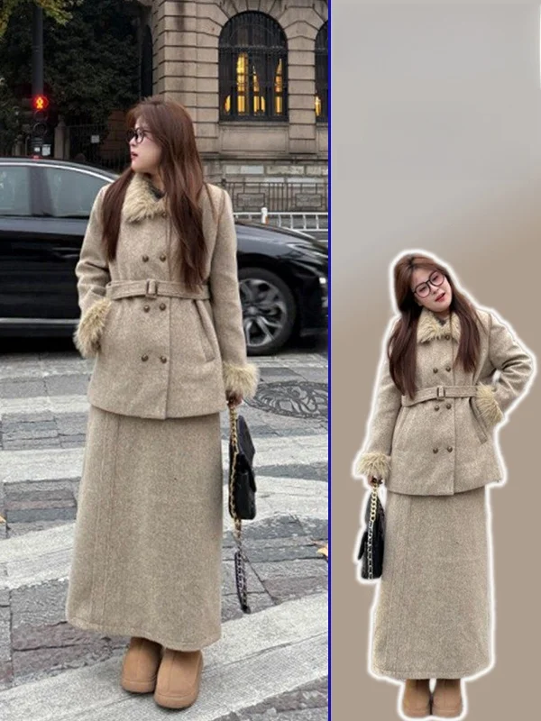 

Ladies Luxury Winter Coat Set with Belt Double Row Buttons Thi Warm Long Sve High Waist Slimming Outerwear And Skirt