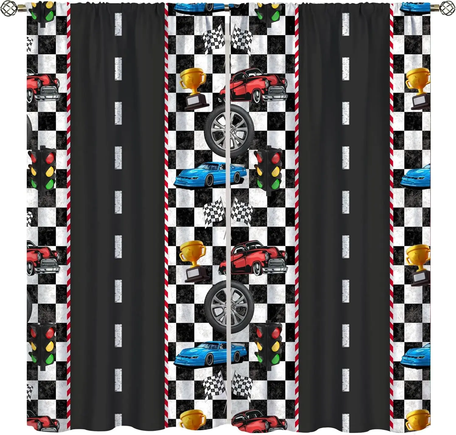 Race Car Curtain,Checkered Flag Black and White Race Cars Window Treatment Curtains Cloth Farbic for Kitchen Bedroom Cafe Dining