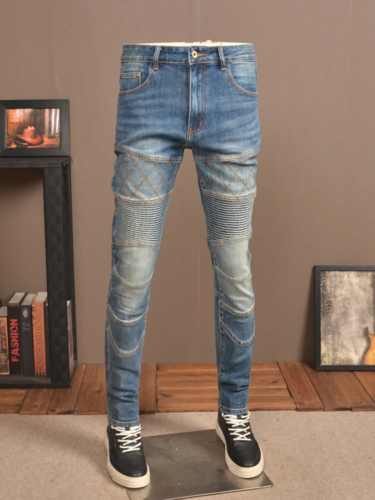 

Осенние модные мужские облегающие эластичные лоскутные джинсовые джинсы, модные байкерские брюки высокого класса в американском стиле ретро с завышенной талией, повседневные брюки до щиколотки