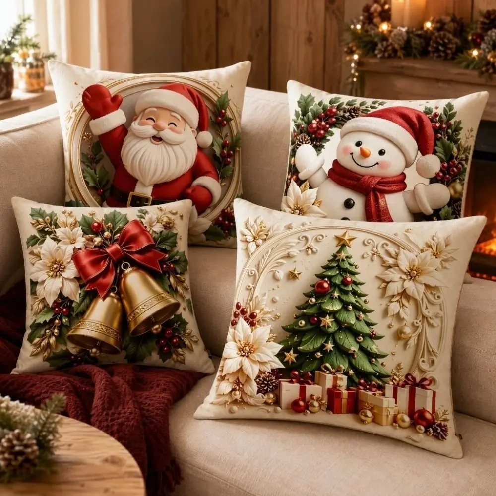Soft Christmas Pillow Cover Elk Deer Santa Claus Xmas Tree Pillowslip Square Bowknot Bell Throw Cushion Case Living Room Sofa