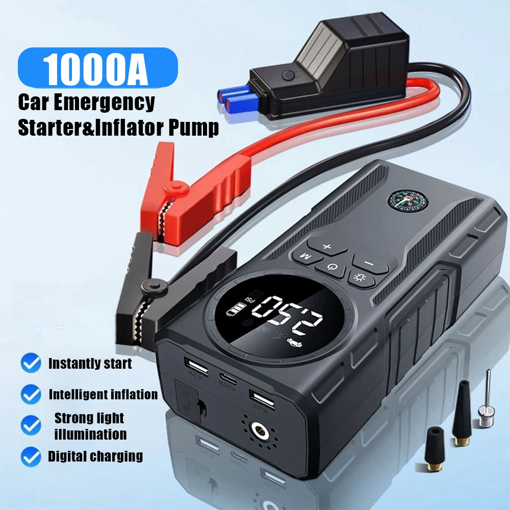 

Car Jump Starter Power Bank 150PSI 1000A with Tire Inflator Portable Air Pump Air Compressor Battery Booster with EVA Bag LED