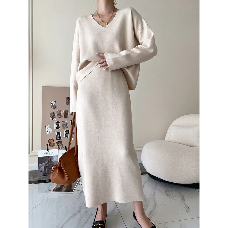 Elegant Knit 2 Piece Set Women Fall Winter 2022 New Korean V-neck Pullover Sweater Wool Knitted Skirt Female Warm Two-piece Suit