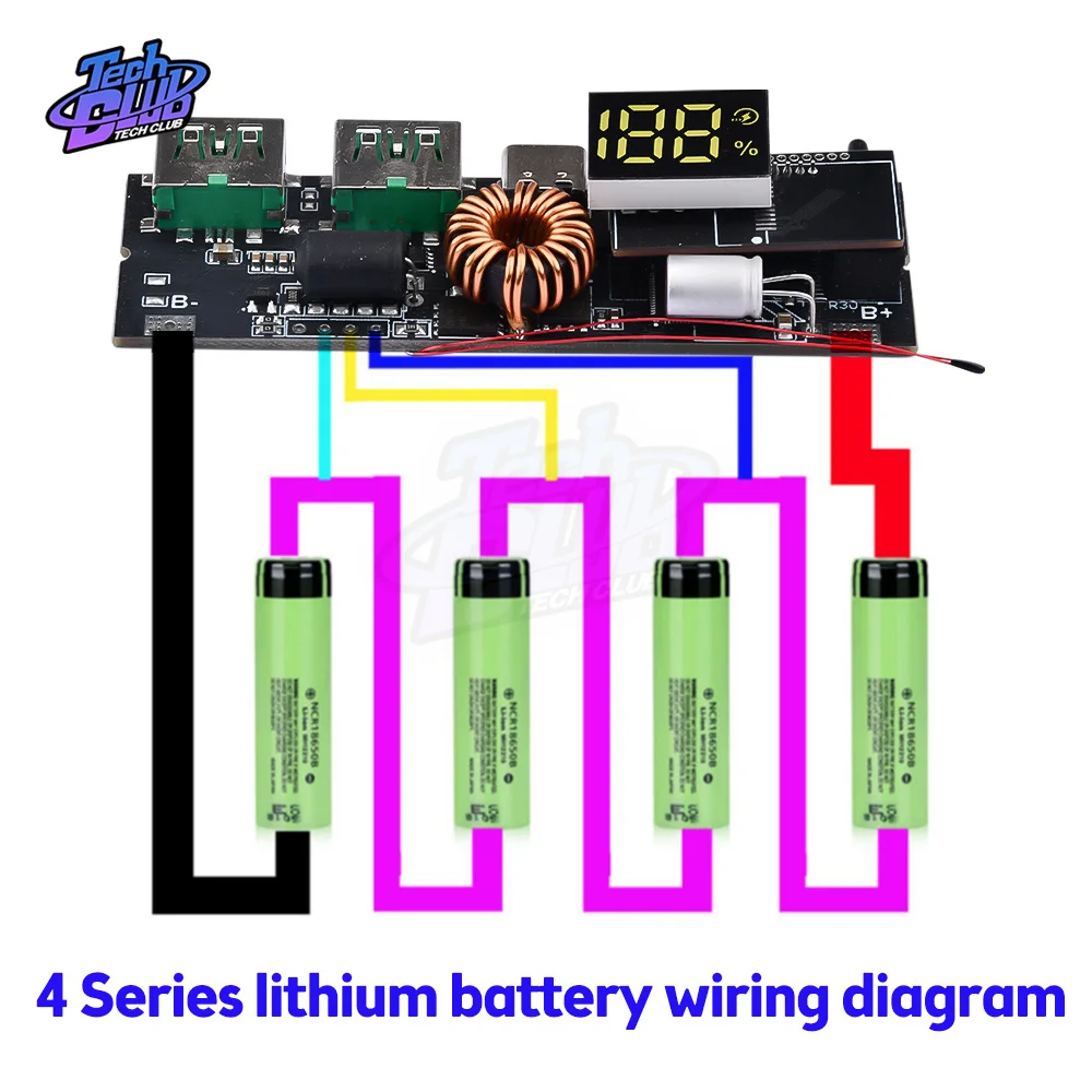 QC4.0 QC3.0 LED Dual USB PD Fast Charger 5A 100W Micro/Type-C USB Mobile Power Bank 18650 Charging Temperature Protection Board