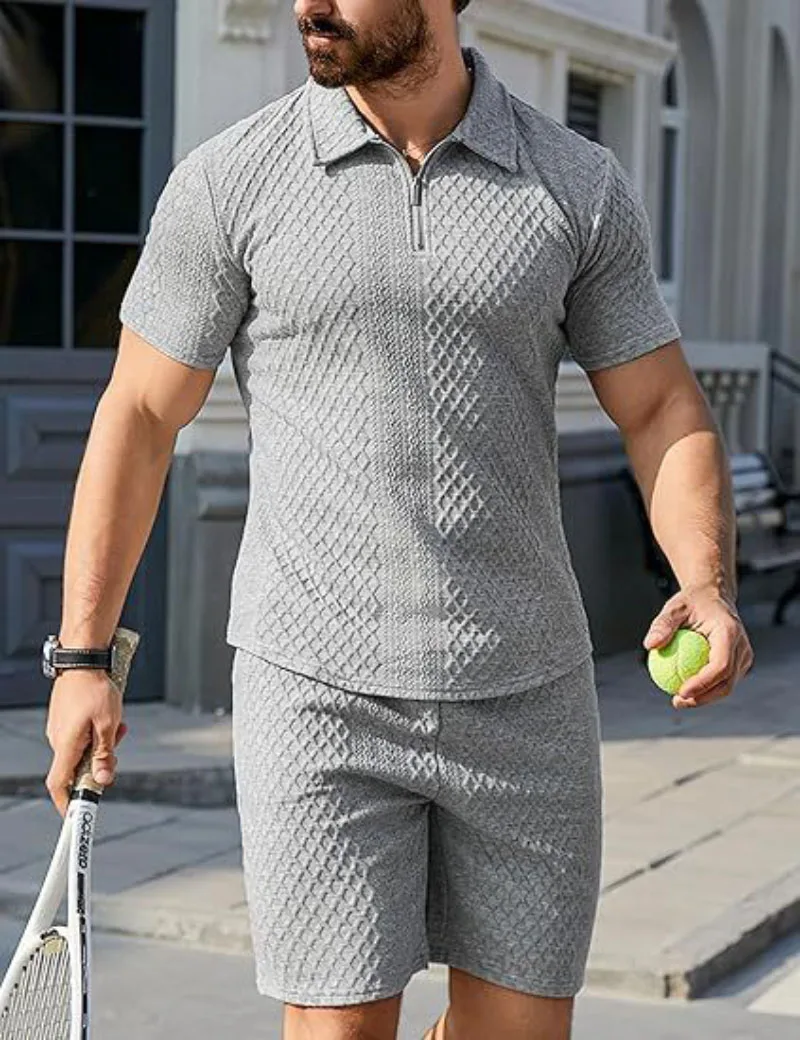 Hawaiian Casual Suit Men's Casual Suit Jacquard Shorts And Lapel Polo Shirt Casual Two-piece Set Breathable And Comfortable
