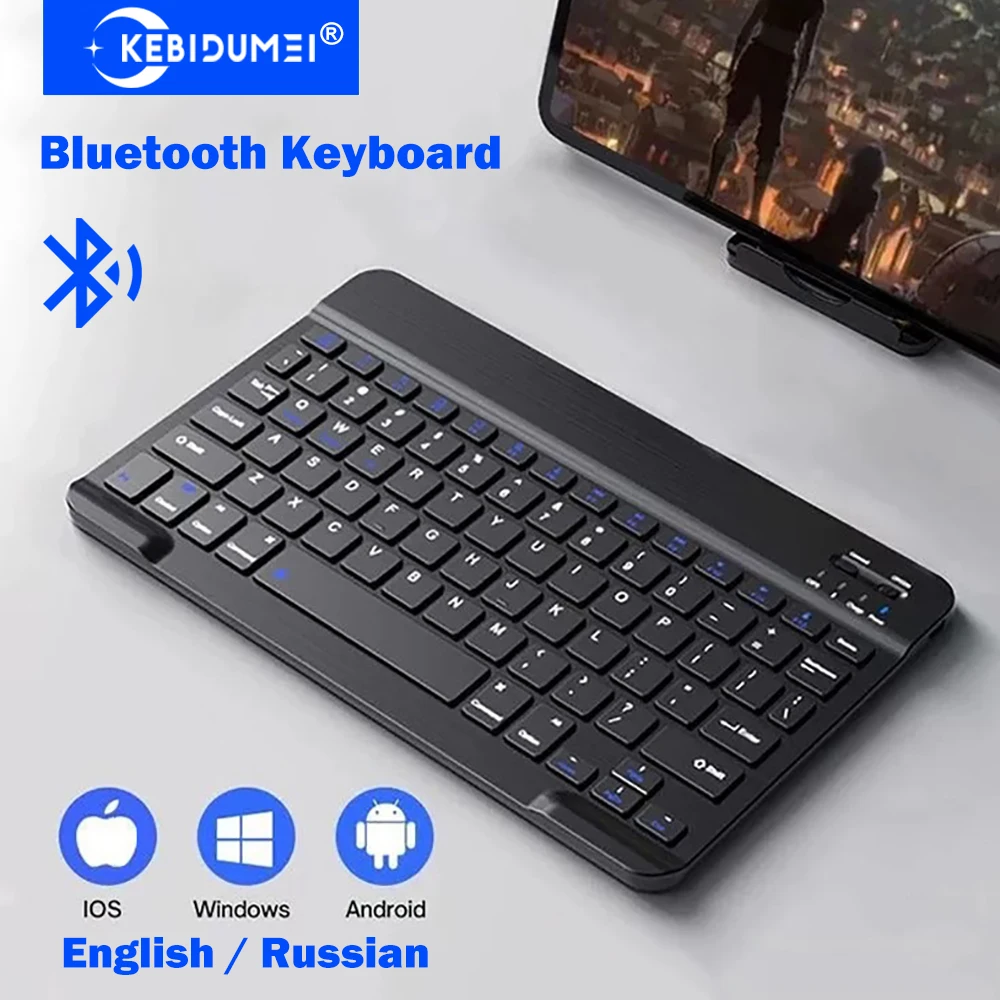 Teclado Bluetooth KEBIDUMEI Ultrafino Portátil Recarregável com Layout Duplo Russo/Inglês para iPad, Android e Windows
