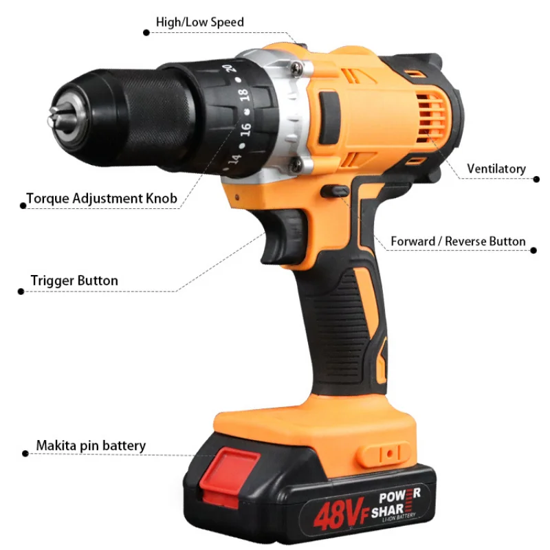 48V Cordless Drill Electric Screwdriver Mini Wireless Power Driver DC Lithium-Ion Battery 3/8-Inch 2 Speed Power Tools