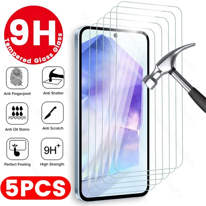 For Samsung Galaxy A55 5G Case 5Pcs 100% Original HD 9H Tempered Premium Glass On SamsungA55 A 55 35 25 15 2024 Screen Protector