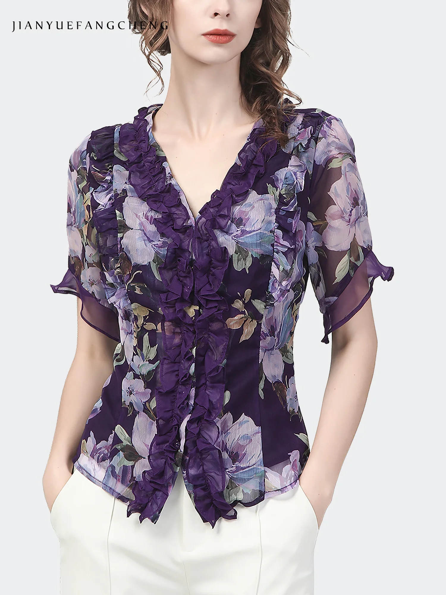 Fashion Purple Floral Printed Chiffon Blouse Women Short Sleeve V-Neck Ruffles Summer Top Elegant Slim Button-Down Work Shirts