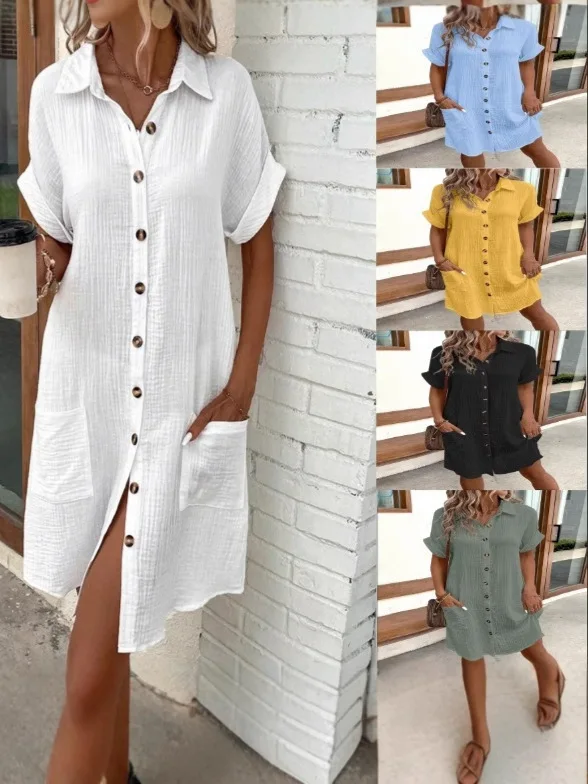 

Solid Color Single Breasted Midi Short Sleeve Casual Dress Dresses for Women Loose Fit Spring Summer