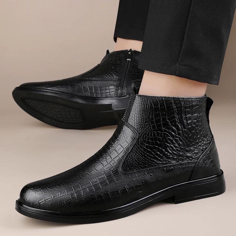 Autumn/Winter New Style Classic Black Zipper Men Ankle Boots Business Boots Crocodile Pattern Comfortable Inner Men Mid Top Boot