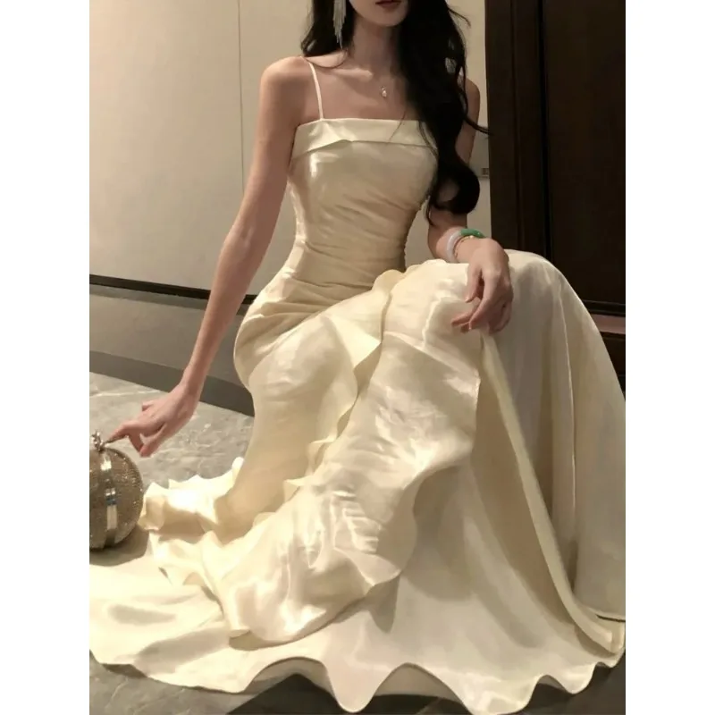 Francês elegante plissado borda camisola vestido de sereia feminino vestido de dança em camadas 2025 verão moda novo colete