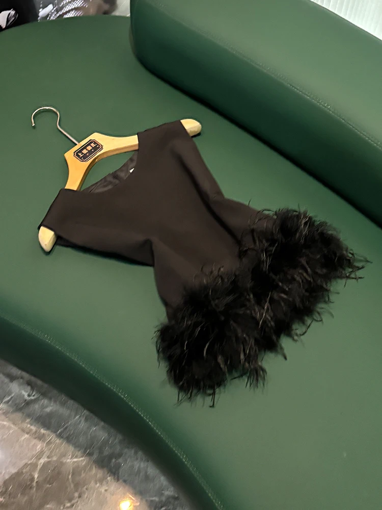 

Unique round Ne Svel Ba Zipper Ostrich Feather Patchwork Vest Women's High-End Autumn New Sle WY54 Color