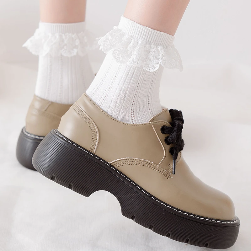 Lolita Lacework Ruffle Socks Sweet Girls Kawaii Cute Princess Socks JK Japanese Fashion Solid Color Black White Beige Long Socks