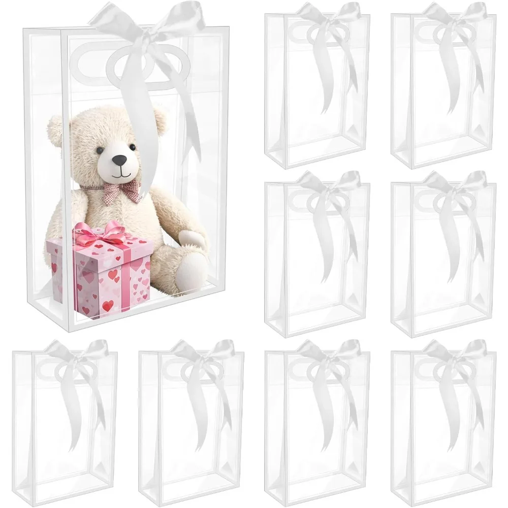 

10 PCS Clear Gift Bags with Handles,7.1x10.2x3.2, Reusable Plastic Clear Party Favor Bags with Ribbon Transparent Plas