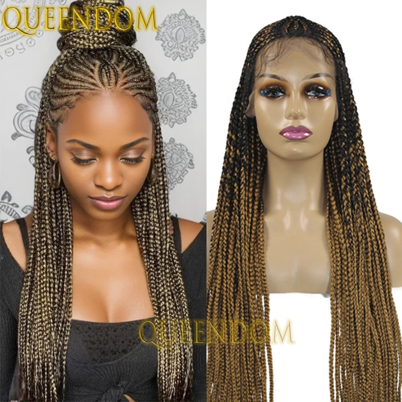 

Queendom Synthetic Full Lace Box Braid Wig 36 Inch Ombre Blond Brilliant Tribal Braids Wig Knotless Cornrow Braided Goddess Wig