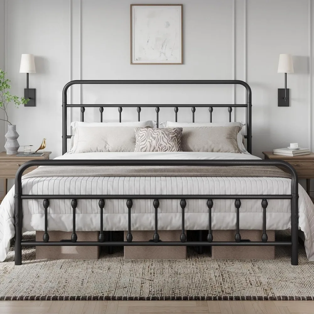 

King Size Bed Frame with Victorian Style Iron-Art Headboard, Footboard, Under Beds Storage, Classic Metal Platform Bed Frame