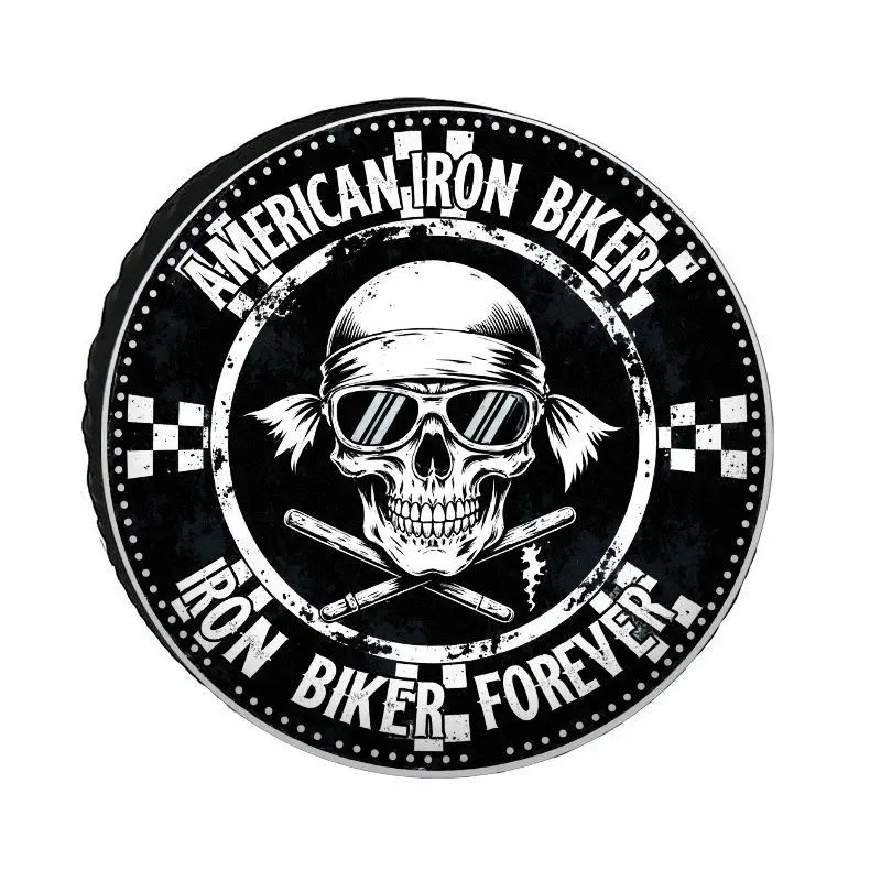 Motorcycle Tire Cover With American Iron Logo & Skull & Motorcycle Helmet Print - Heavy-Duty Jacket Style Spare Wheel For Motorc