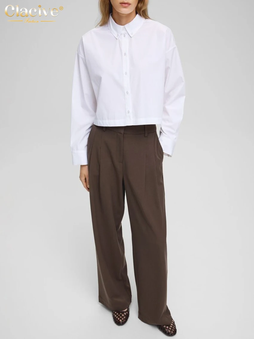 Clacive موضة فضفاضة القطن الأبيض قميص نسائي 2025 أنيقة التلبيب كم طويل بلوزة عادية بسيطة قمة صلب الملابس النسائية