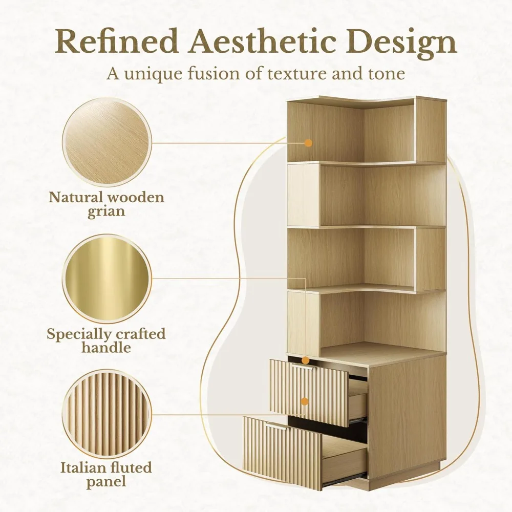 71-Inch Tall Corner Bookshelf with Drawers and 5-Tier Storage Display Rack