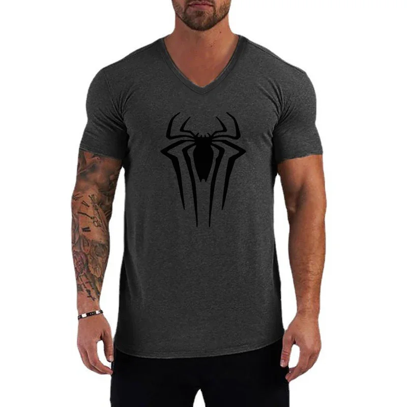 Summer Men Printing Black Spider  Slim Fit Sports V-Neck  Casual Breathable Tops Cotton Short Sleeve Streetwear Tops T-shirts