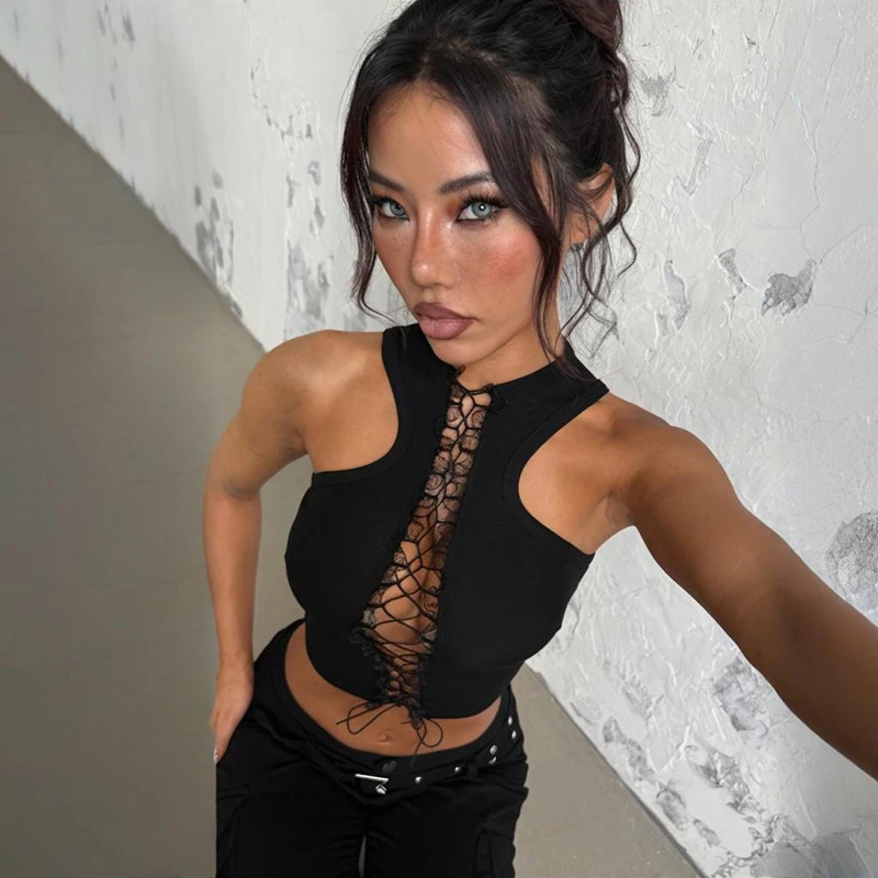 European Style Hollow Out Lace-Up Vests Sexy Black Crop Top Slim Tops Spring Summer Trend Sleeveless O Neck Tank Top Women 2026