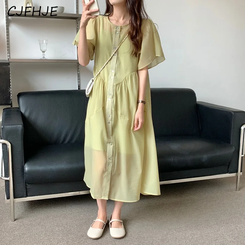 

CJFHJE New French Solid Color Round Neck Women's Short Sleeved Dress Summer Single Breasted Loose Fitting Women Mid Length Dress