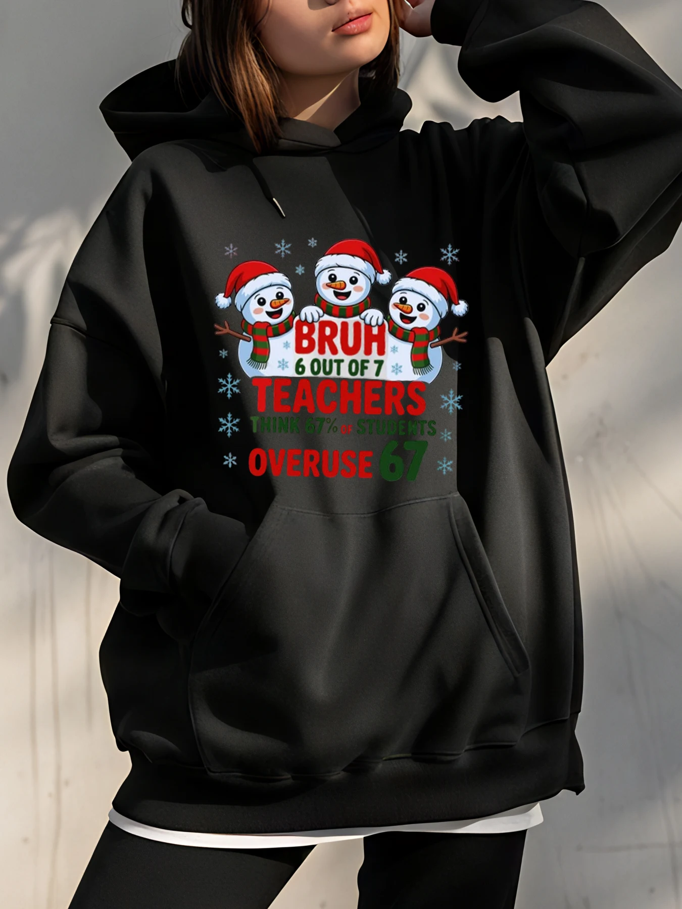 

67 Snowman Christmas Hoodie with Funny Teacher Quote and Holiday Stars Design for Women Winter Wear