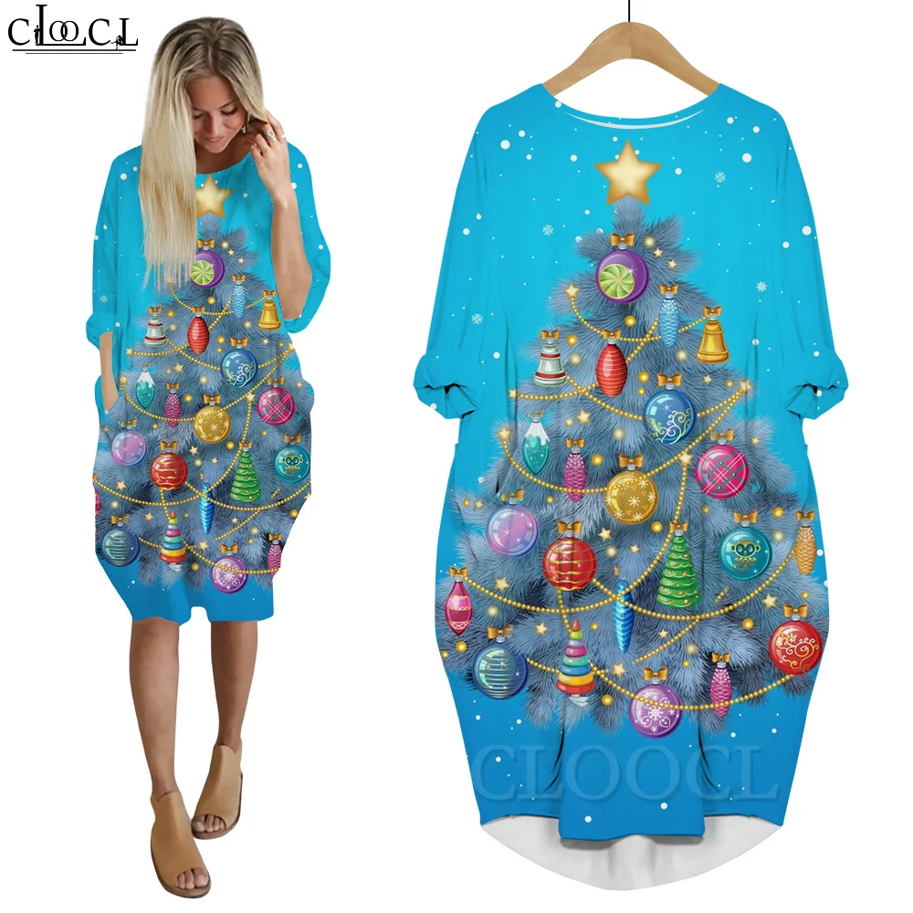 

CLOOCL Femme Christmas Dresses Twinkling Electric Light Christmas Tree Pattern Printing Women Long Sleeve Robe Y2k Dresses