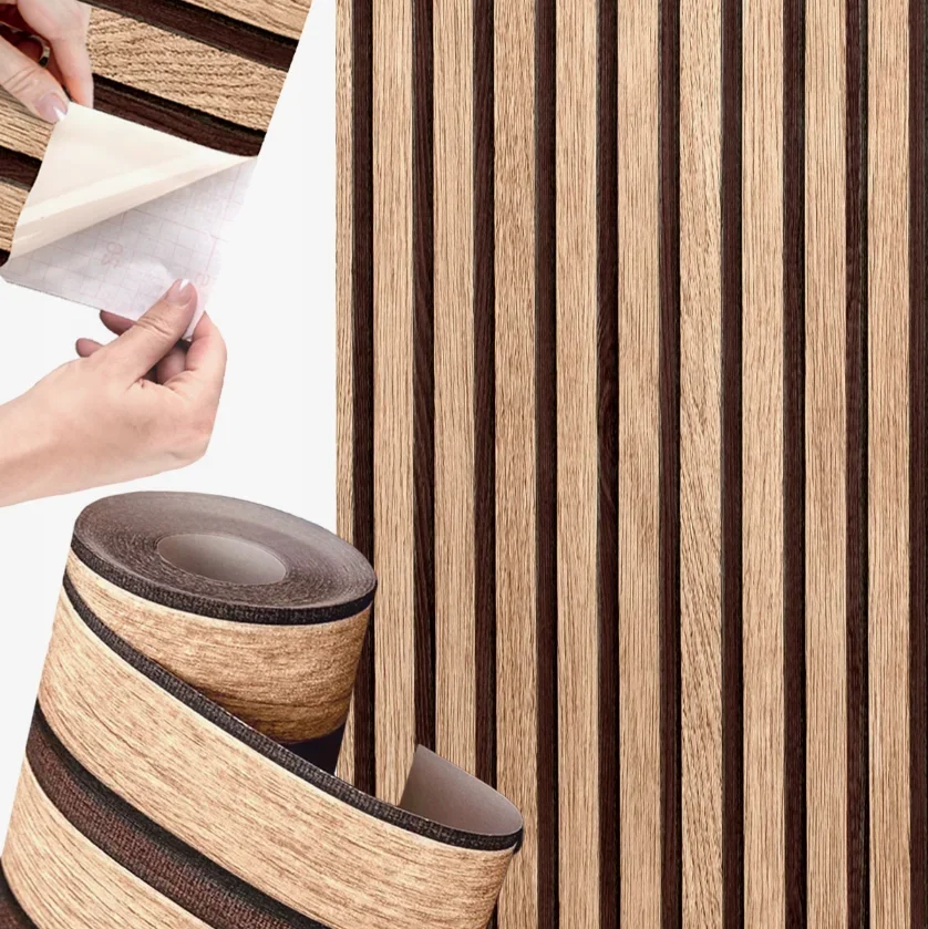 Selbstklebende Wandverkleidung Abziehen und Aufkleben 3D Tapete Wasserdicht Schlafzimmer Akzentwand Dekor Faux Holzlatten Design