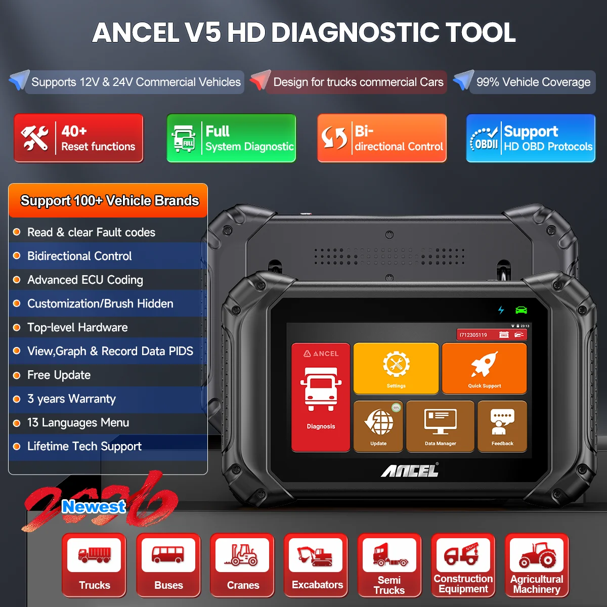 Heavy Duty Diesel Truck Car OBD Scanner ANCEL V5 HD 12V 24V Full System Bidirectional DPF Regen Vehicle Diagnostic Scanner view 5